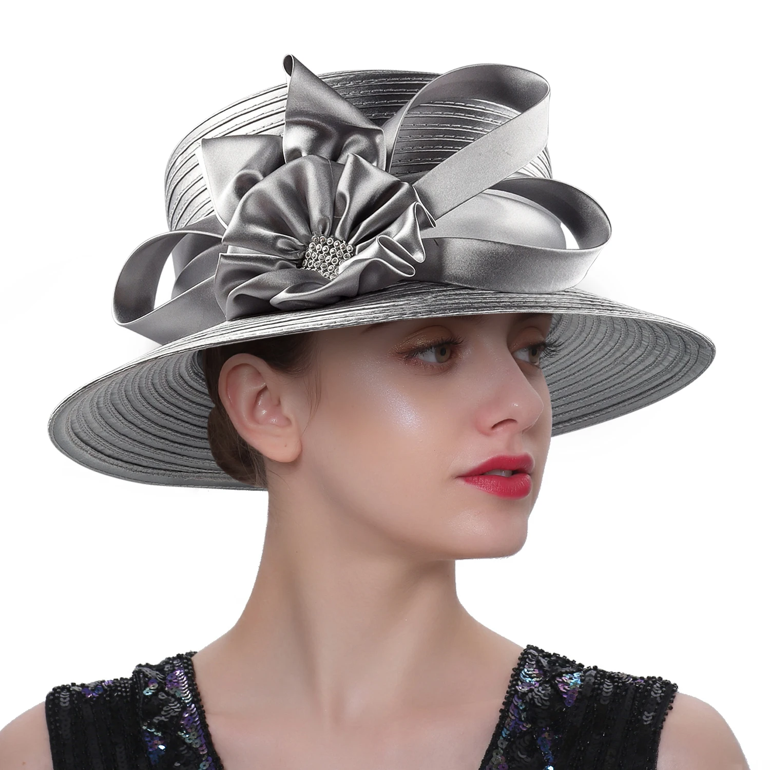 Newest Women Satin Cloth Flower Church Hat Elegant Photography Top Hat Fashion Female Banquet Fascinator Wedding Formal Hats