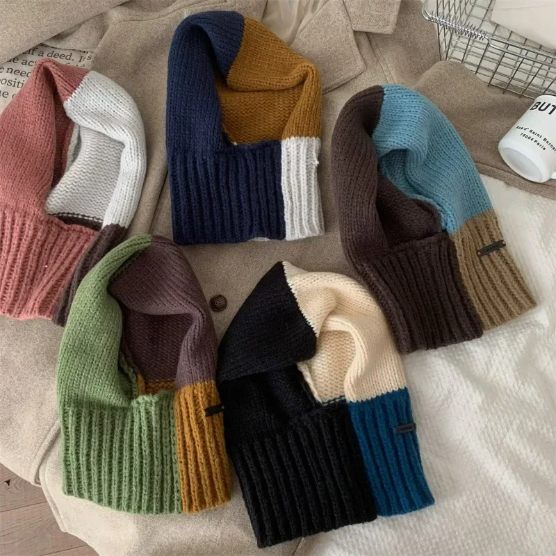 Zimowa kominiarka damska Beanie Hat Color Blocking Miękkie ciepłe czapki z dzianiny Wełniane czapki Korea Y2k Chic Hiking Outdoor Unisex Beanies