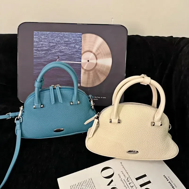 

High-grade Shell Bag Genuine Leather Cowhide Brand Luxury Unique Versatile Elegant Ladies Bowling Handbag Shoulder Messenger Bag