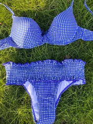 Zestaw Bikini z kokardą różowy strój kąpielowy kobiety 2024 w kratę Push Up stroje kąpielowe Sexy Biquini Feminino stringi kostium kąpielowy stringi stroj plażowy