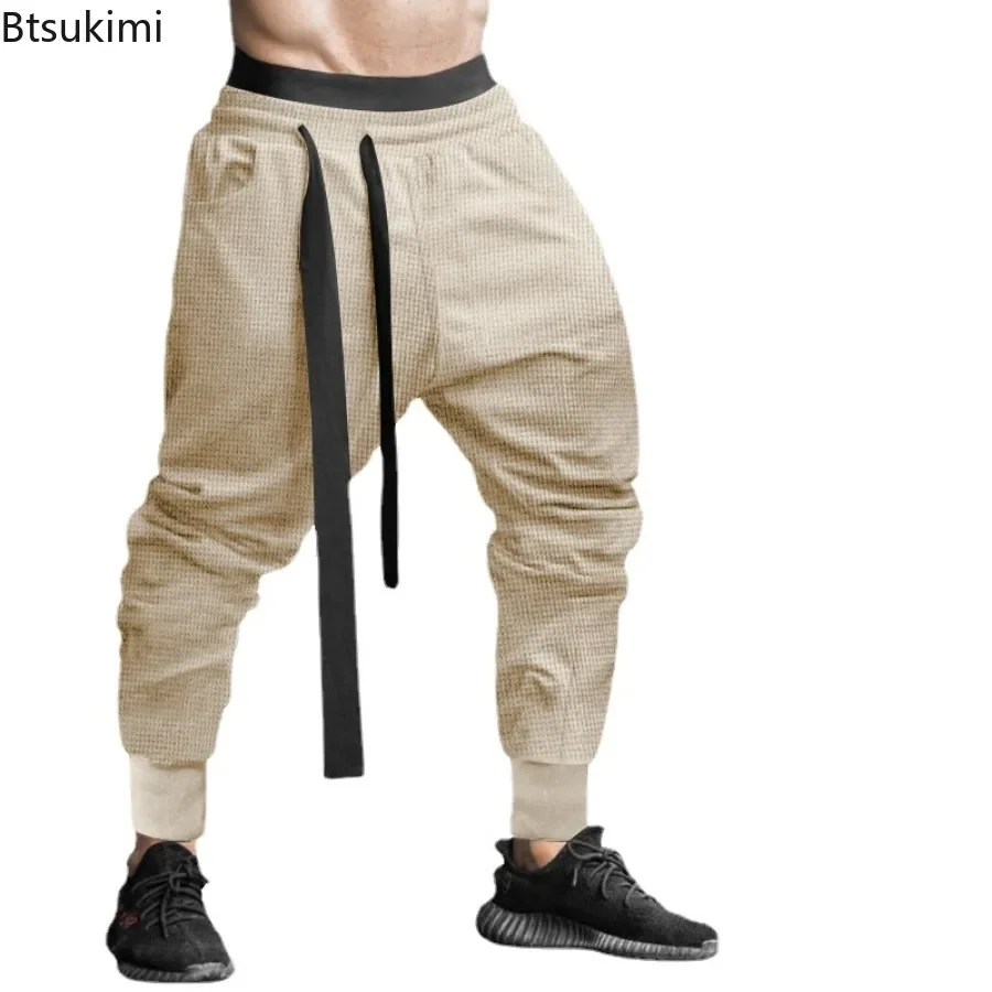 

2024 Men's Solid Hip Hop Cross-pants Fashion Loose Casual Waffle Drawstring Long Pants Man Sweatpants Joggers Trouser Streetwear