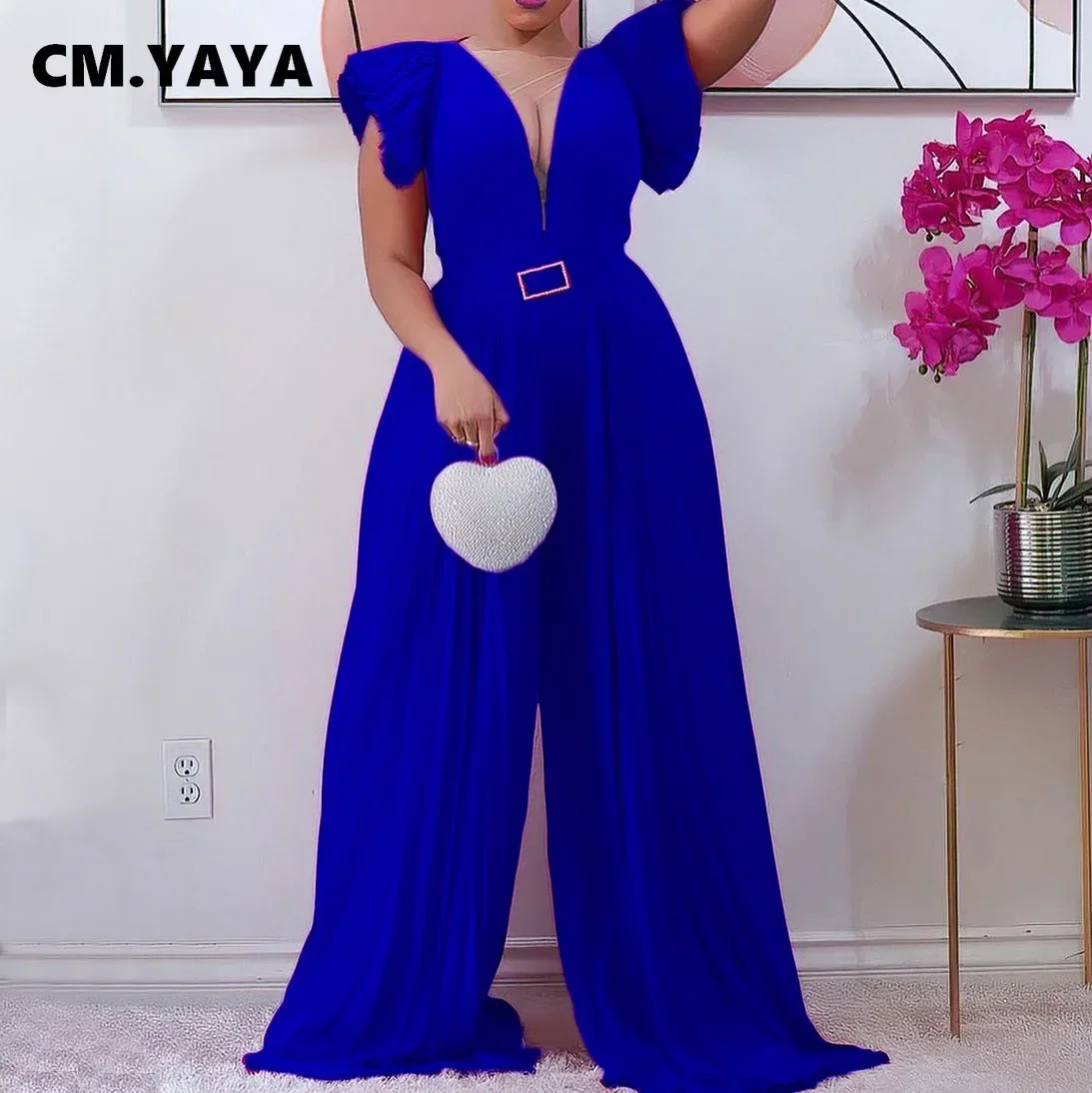 FANAN Elegant Mesh Patchwork Pleated Wide Leg High Waist V-neck Flare Sleeve Women Jumpsuit 2022 Summer Party Playsuit Overall