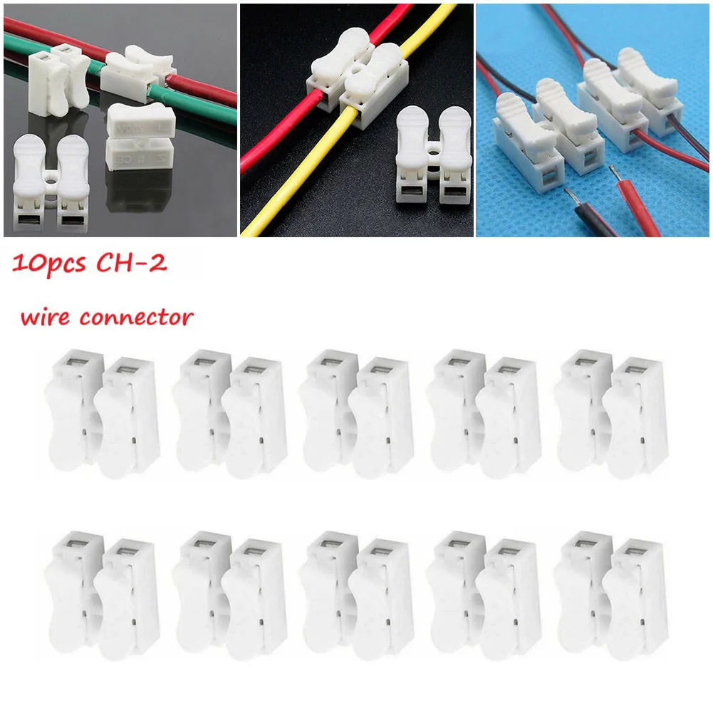 10pcs CH2 Quick Splice Lock Wire Connectors 2Pins Electrical Cable Terminals White 220v For Easy Safe Splicing Into Wires