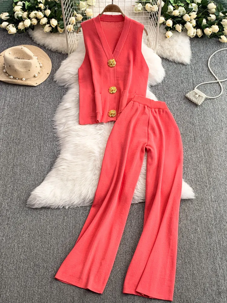 

Летний свободный вязаный жилет с металлической пряжкой в корейском стиле + утягивающие широкие брюки с высокой талией, женский повседневный комплект из двух предметов для поездок на работу