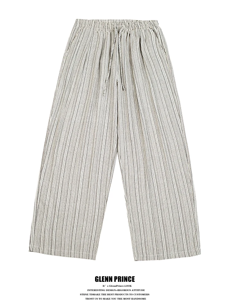 

Loose Straight Leg Casual Pants Men's Summer New Lazy Style Vertical Stripes Contrast Color Cotton Polyester Linen Blend