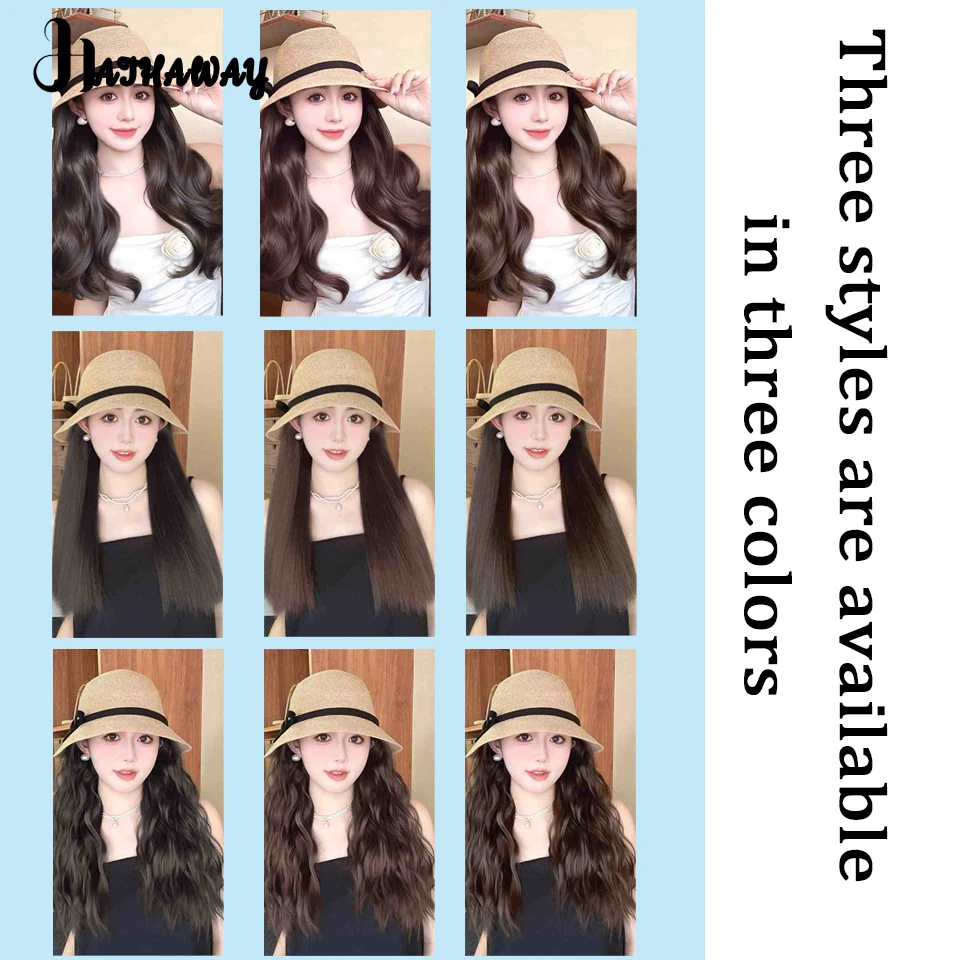 Wig Hat One Female Long Curly Hair Synthetic Woven Breathable Fisherman's Hat Wool Roll Straight Wave Roll Woven Hat Full Head