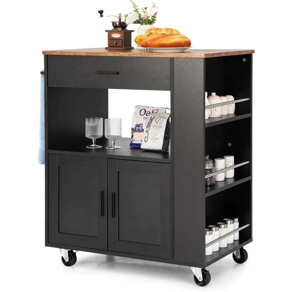 

Giantex Kitchen Island on Wheels, Rolling Kitchen Trolley with 3 Spice Racks, Drawer, Open Shelf, 2-Door Cabinet