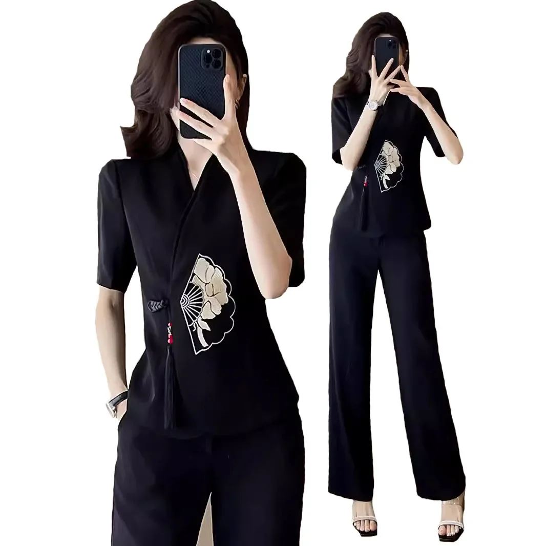 Pop Chinese Style Sunscreen Two-piece Set For Women V Neck Patchwork Lace-up Short Sleeve Blazer With Casual Pants 2024 Summer