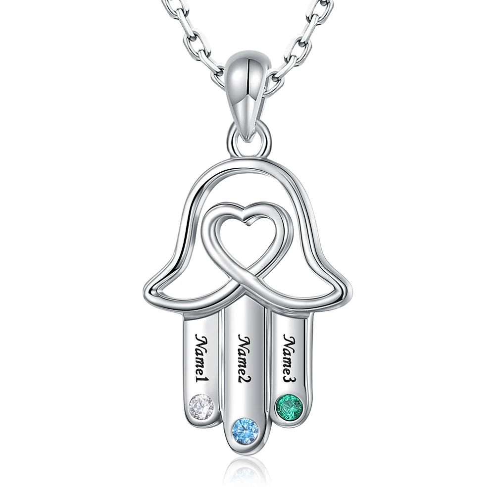 

925 Sterling Silver Personalized Hand of Fatima Necklace Customized Birthstone&Name Jewelry Birthday Gift for Women Wife Family