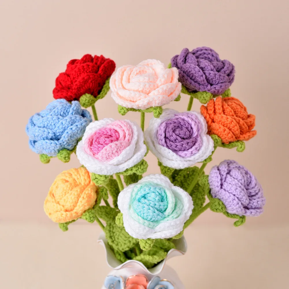 

5pcs Finished Handmade Knitted Rose Artificial Flower Braided Fake Flower Crochet Bouquet Decoration Table Holiday Gift Ornament