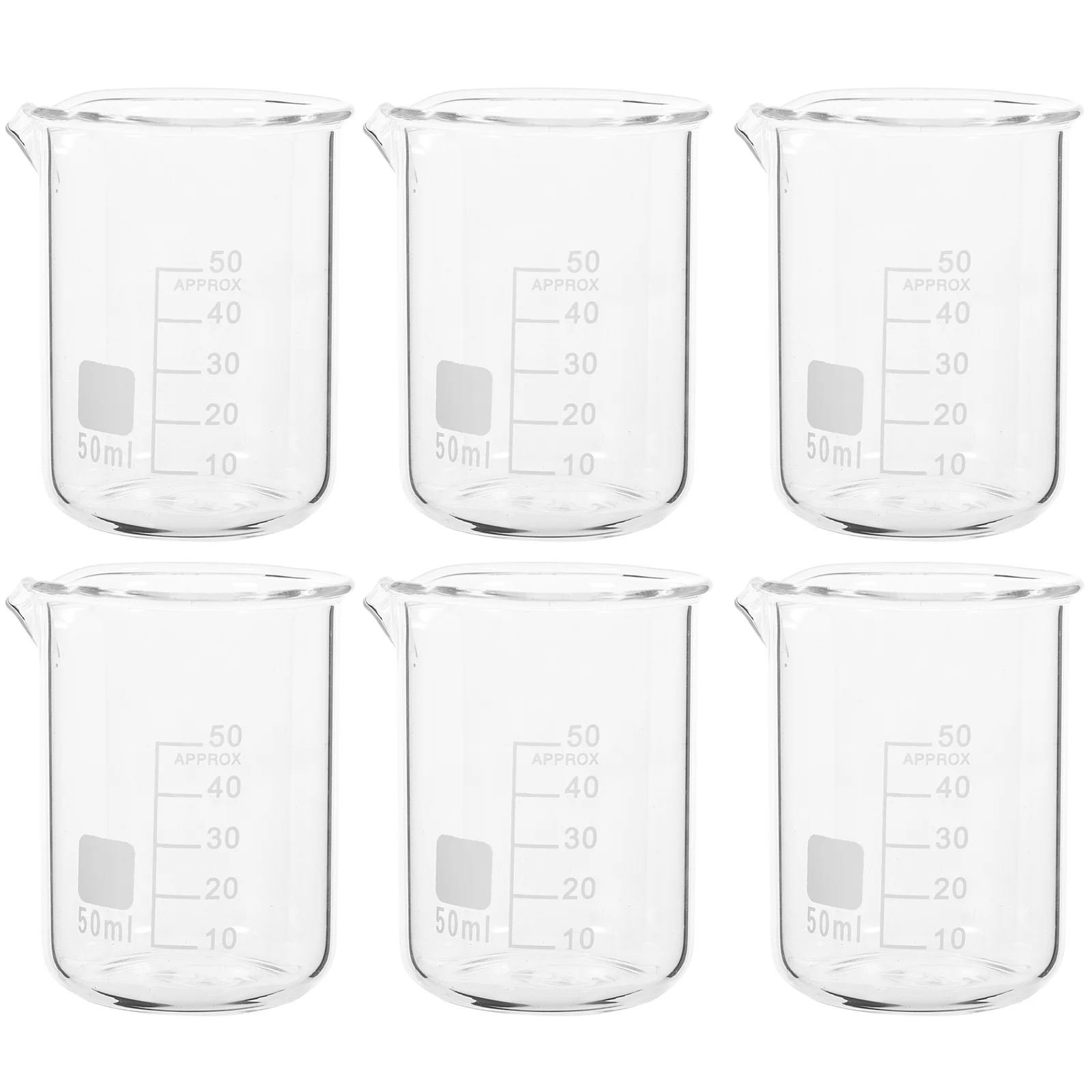 Juego de vasos medidores de vidrio, escala transparente resistente a altas temperaturas, colocación estable para medición de líquidos de cocina de laboratorio, 6 uds.