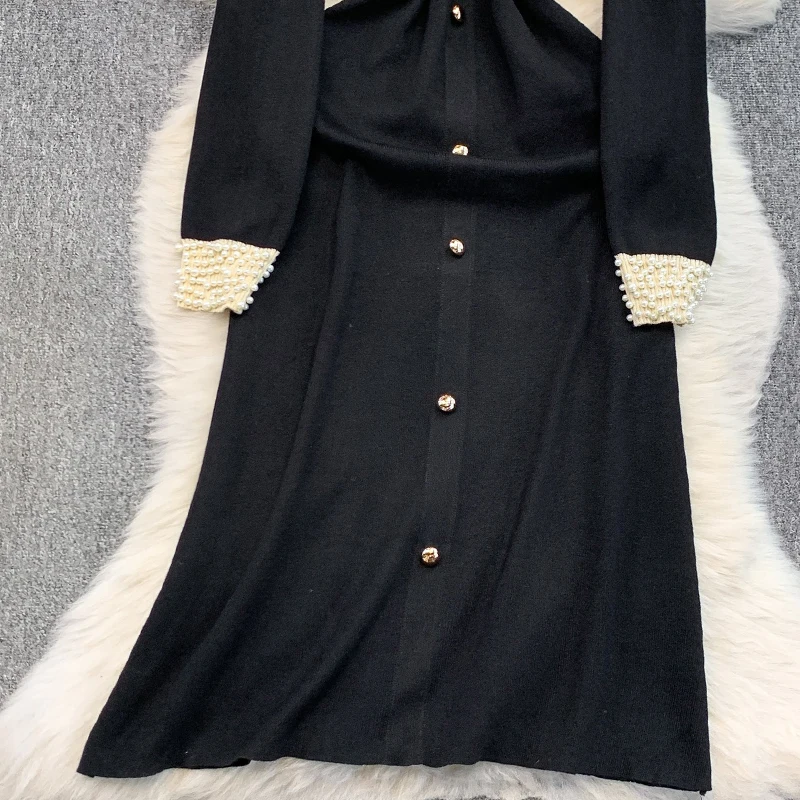 YuooMuoo ماركة الموضة الفاخرة اللؤلؤ طوق قطعة واحدة فستان المرأة جديد الخريف الشتاء ألف خط محبوك فستان طويل سيدة حفلة Vestido #4