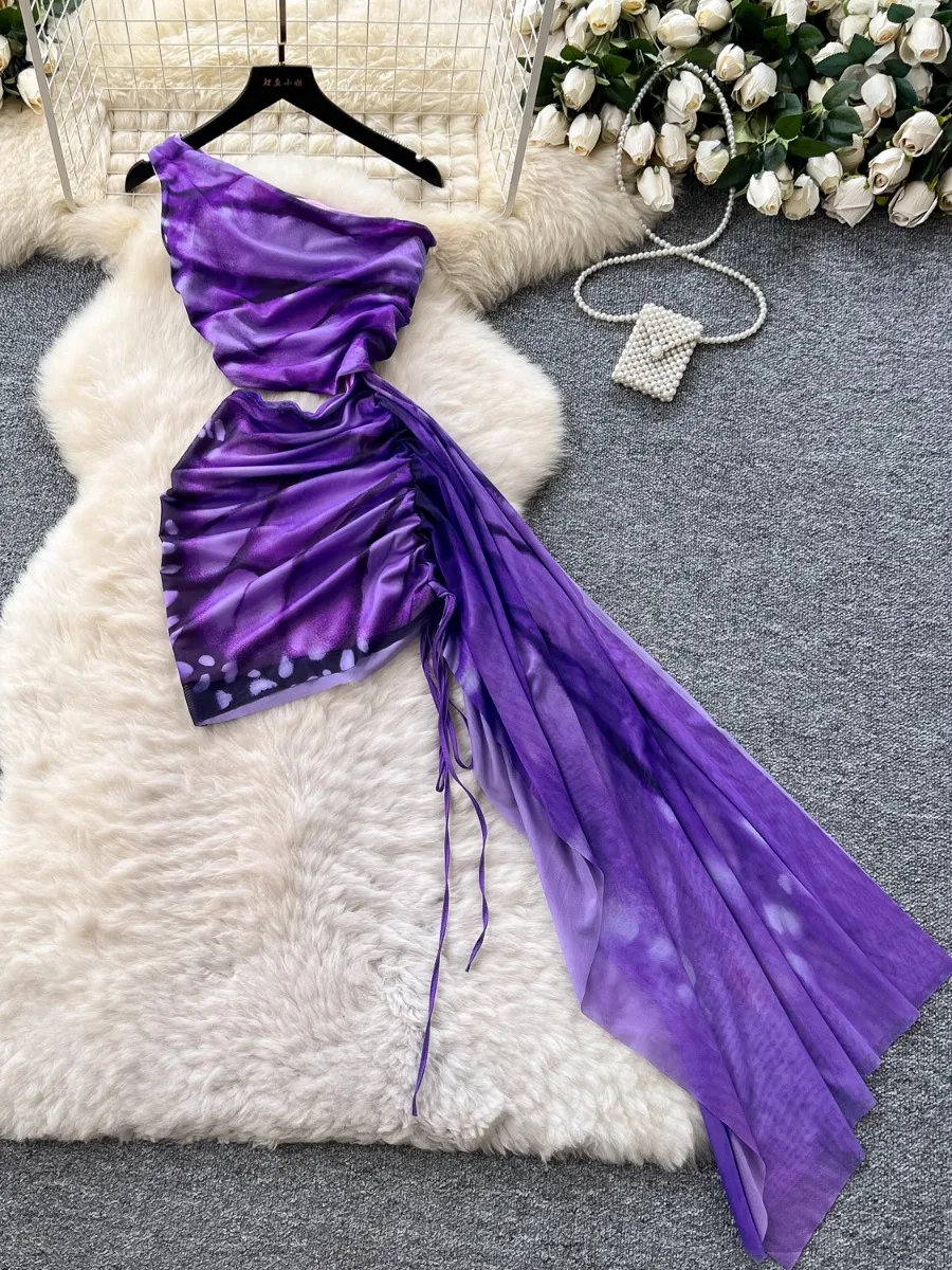 فستان Foamlina العصري Ins المتخصص بخصر واحد وكتف واحد بدون أكمام مطبوع فساتين نسائية صيفية غير متماثلة ميدي Bodycon