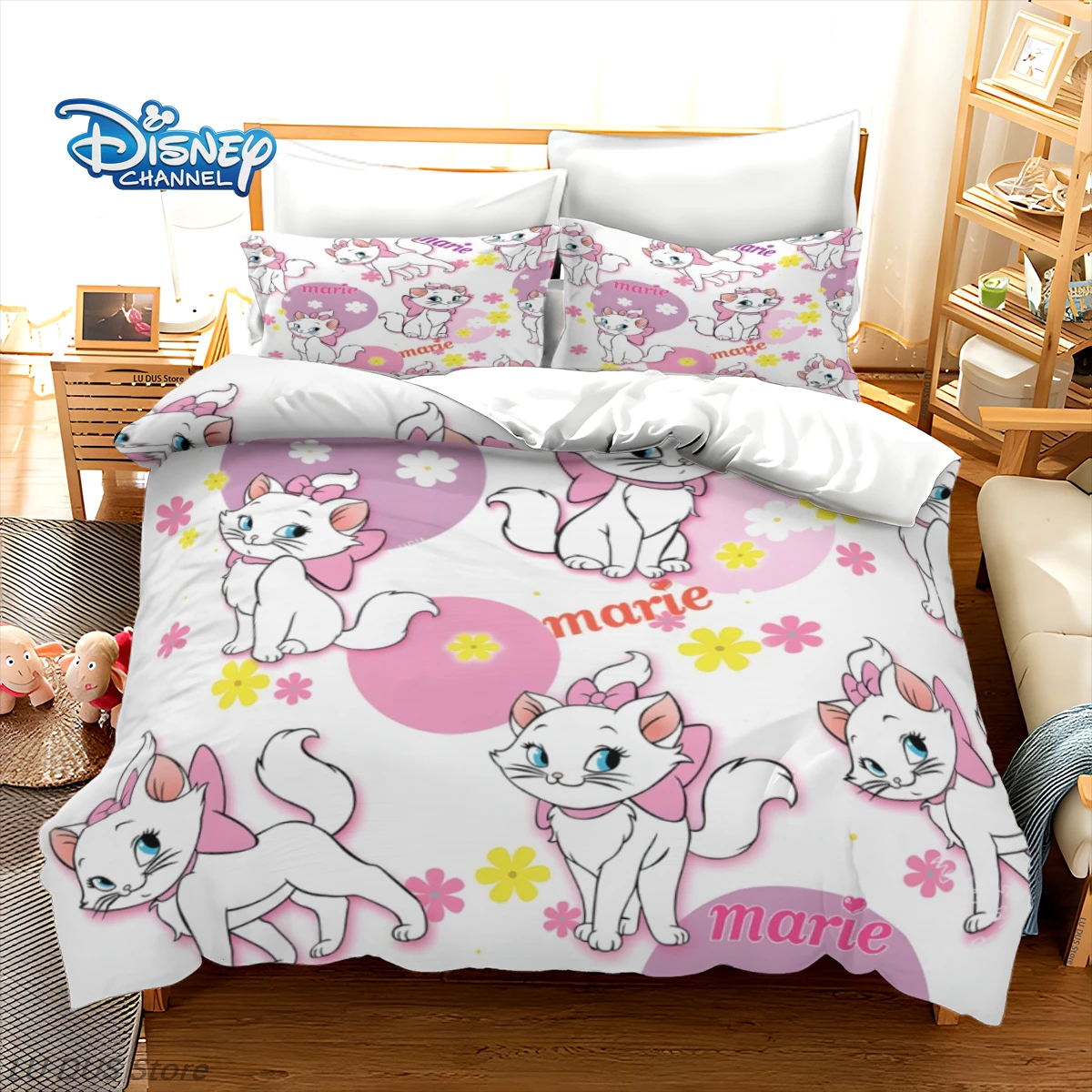 

Disney Marie Cat Bedding Set 3Pcs Pink Paris Duvet Cover Set Aristocats Comforter Cover Kids Girls Bedroom Decor 3D Cartoon