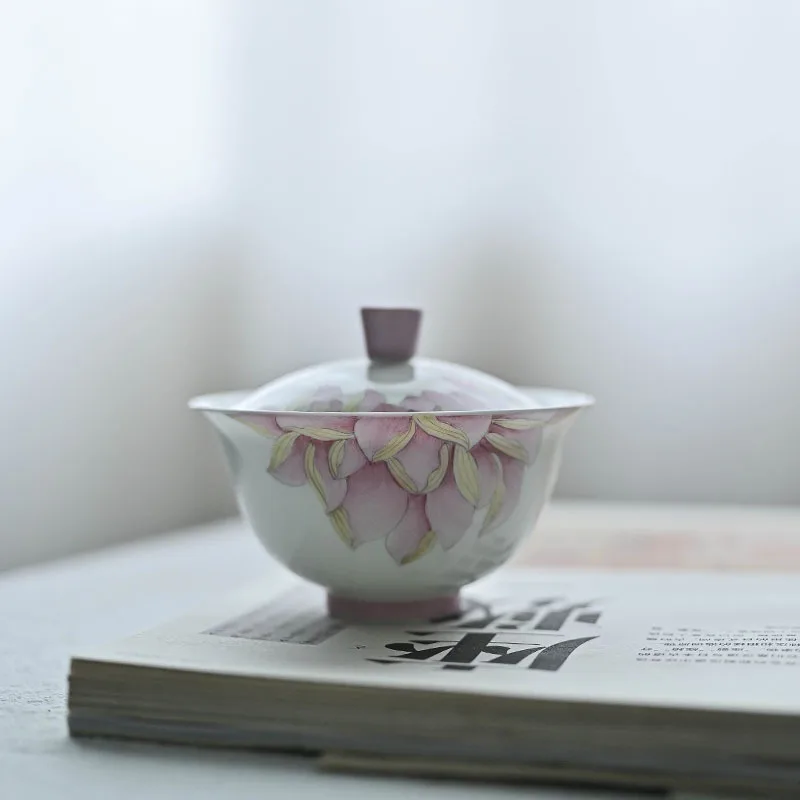 Jingdezhen Famille Rose Hand Drawning Tureen Pot Tray Sets White Porcelain Literati Tea Making Device Gaiwan Brewing Bowl