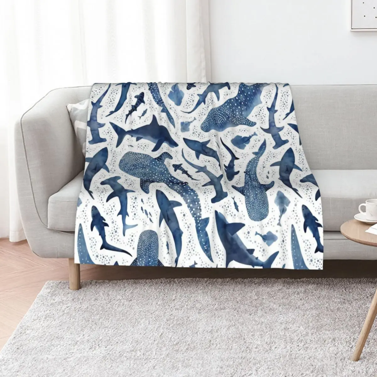 Monochrome blue watercolour shark ocean on white Throw Blanket Year Round Soft Comfortable Blanket for Home