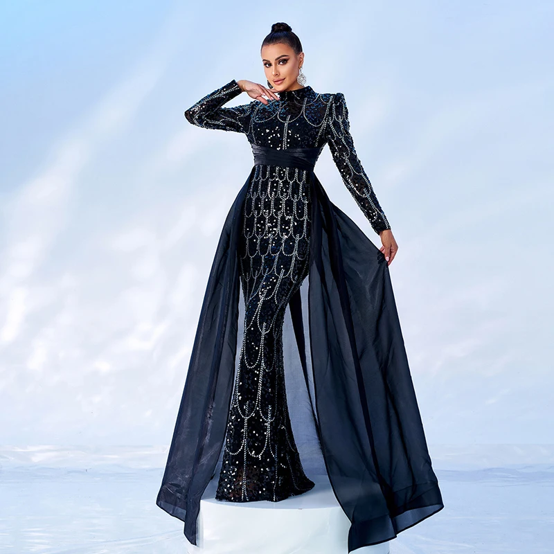 Women Luxury Party Dresses Long Sleeve O Neck Black Sequined Formal Occasion Evening Cocktail Prom Mermaid Dress