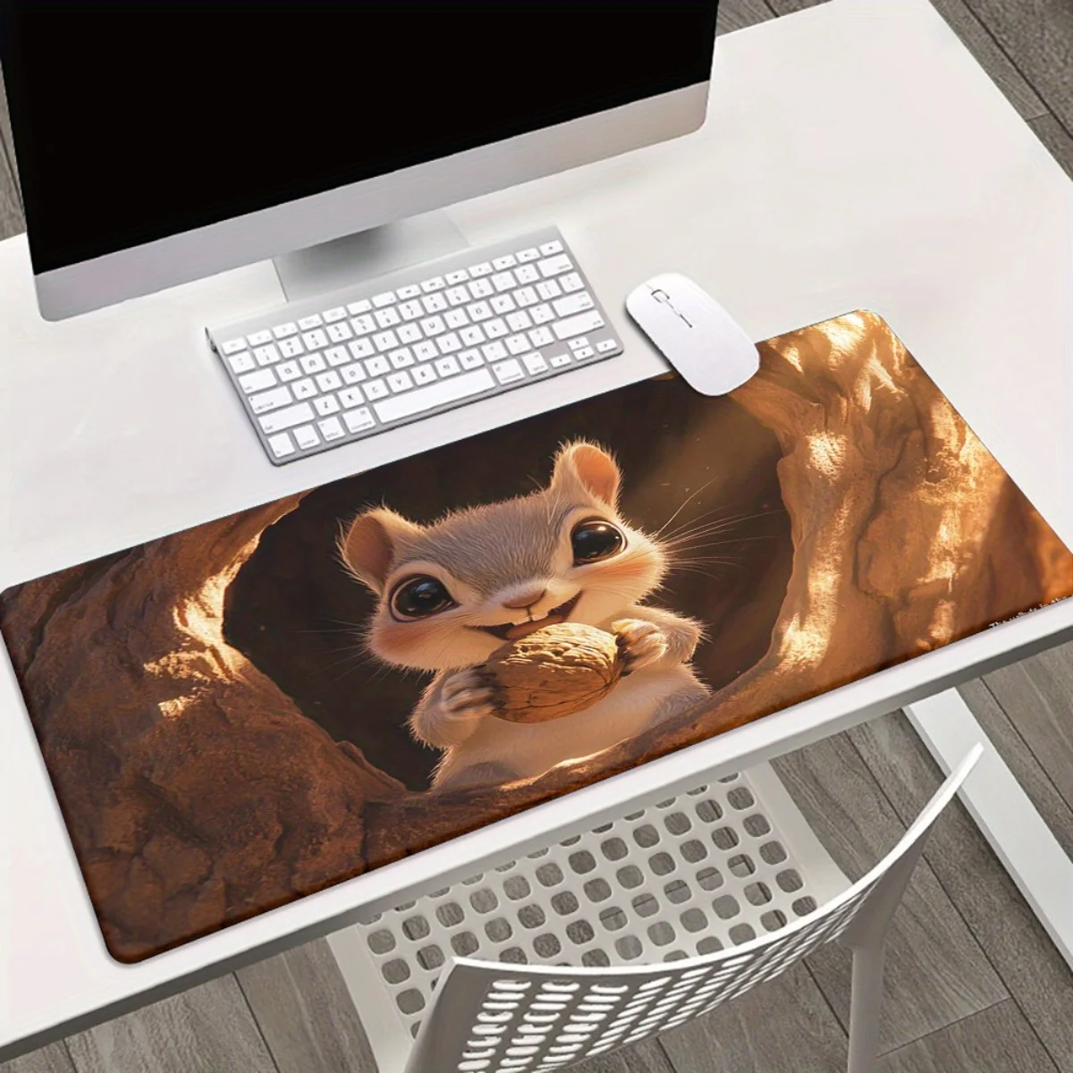 

XXL anti-slip rubber base game and office mouse pad Forest theme Squirrel design for work decoration, thickened and durable