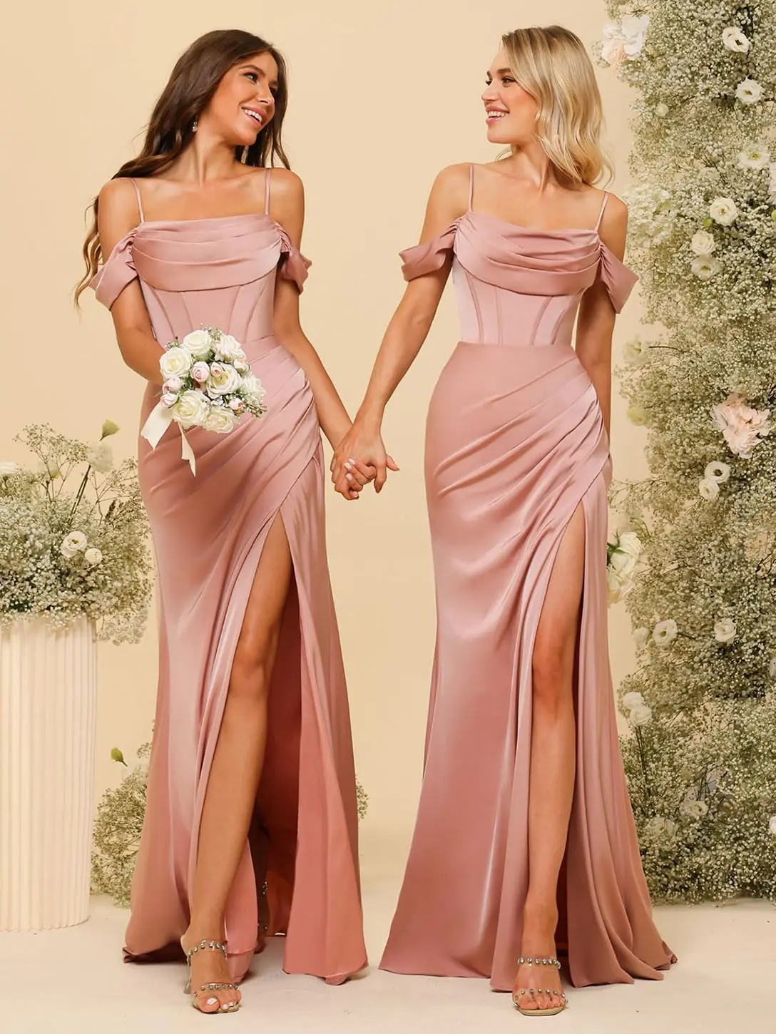 

Women's Spaghetti Straps Backless Bridesmaid Dresses Sweetheart Lace Up Long Formal Prom Evening Gowns With Split Side Wedding