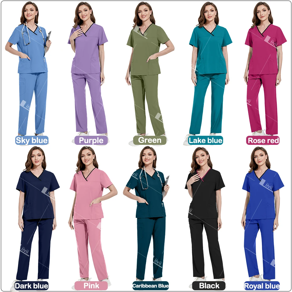 Mehrfarbige medizinische Chirurgie Arbeits kleidung Pflege Peelings Kleidung Kurzarm Tops Hosen Arzt Krankens ch wester Uniformen Frauen Tierhandlung Arbeit Set