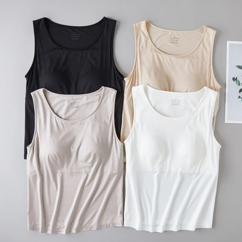 Birdtree, 90% Silk 10% Spandex Tank Top, Sleeveless O-neck Vest, Women's Knitted Thin Autumn Tops, With Breasted Pad T69017JF
