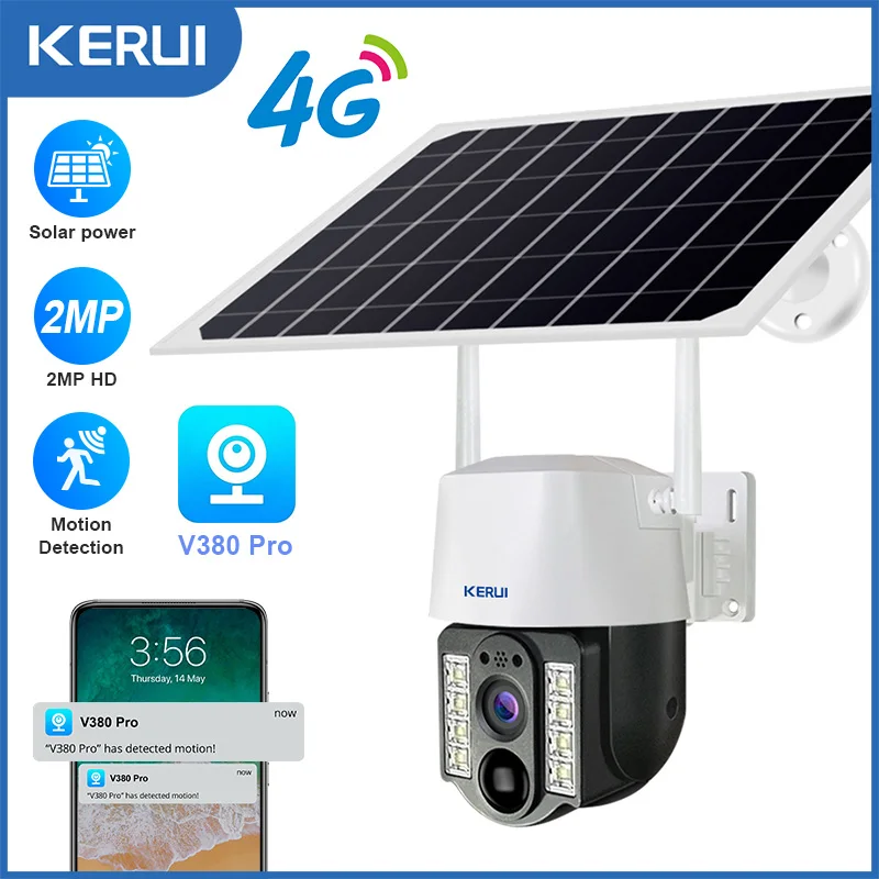 

KERUI 2MP 4G Camera With Solar Panel V380 Pro Outdoor Surveillance IP Camera Support Color Night Vision PIR Motion Detection Cam