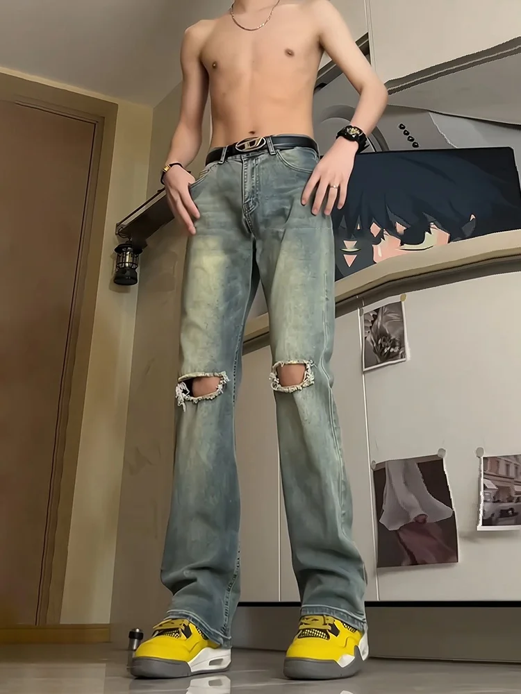 

Синие джинсы с прорезями на коленях для мужчин, летние, молодежные, высокие, в американском ретро-стиле, с изогнутым кроем, расклешенные, износостойкие, из микроэластичного денима