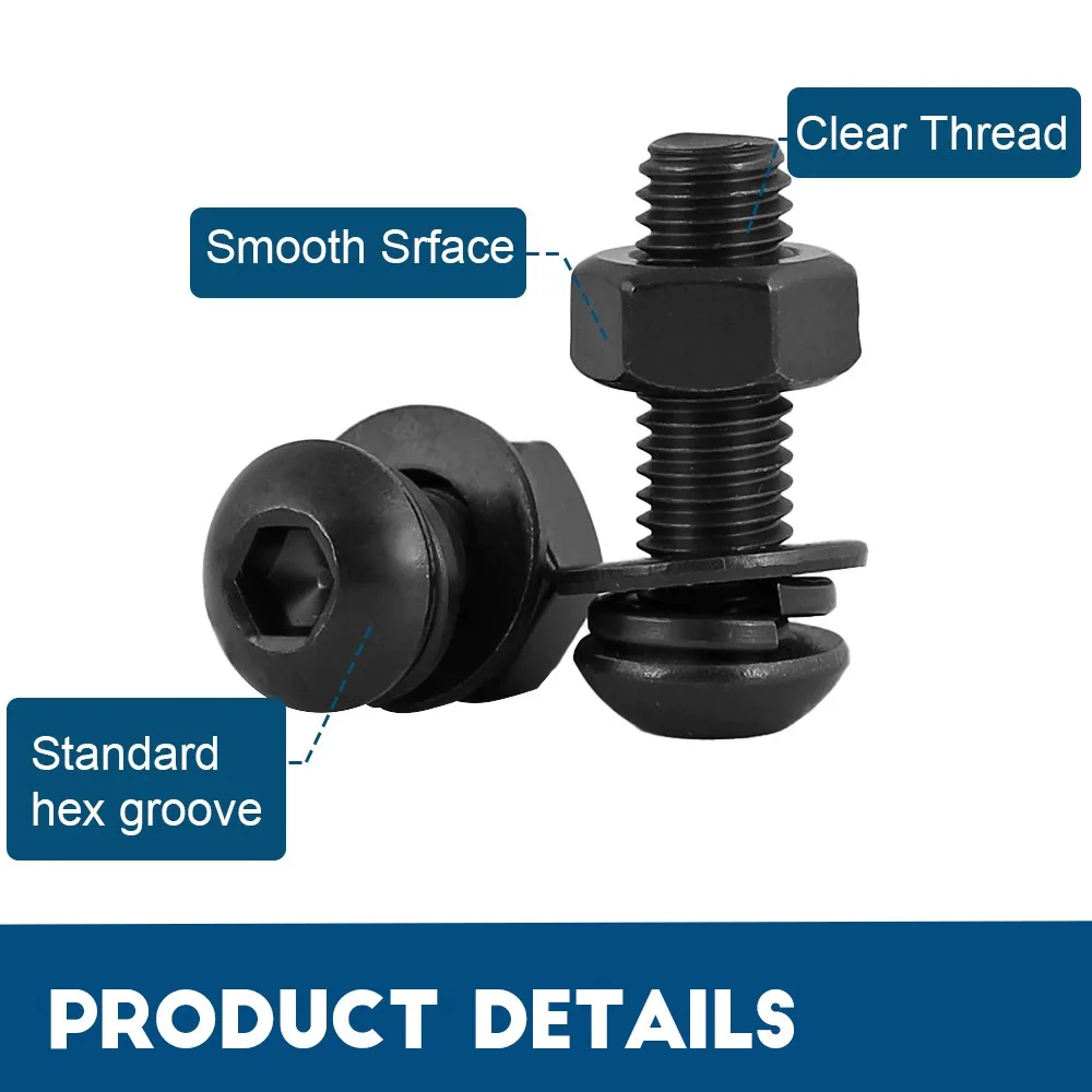 M2 m3 m4 m6 m8 m10 allen encanta conjunto de parafusos de cabeça de botão com porca de arruela preto aço carbono encanta kits de porcas de cabeça redonda