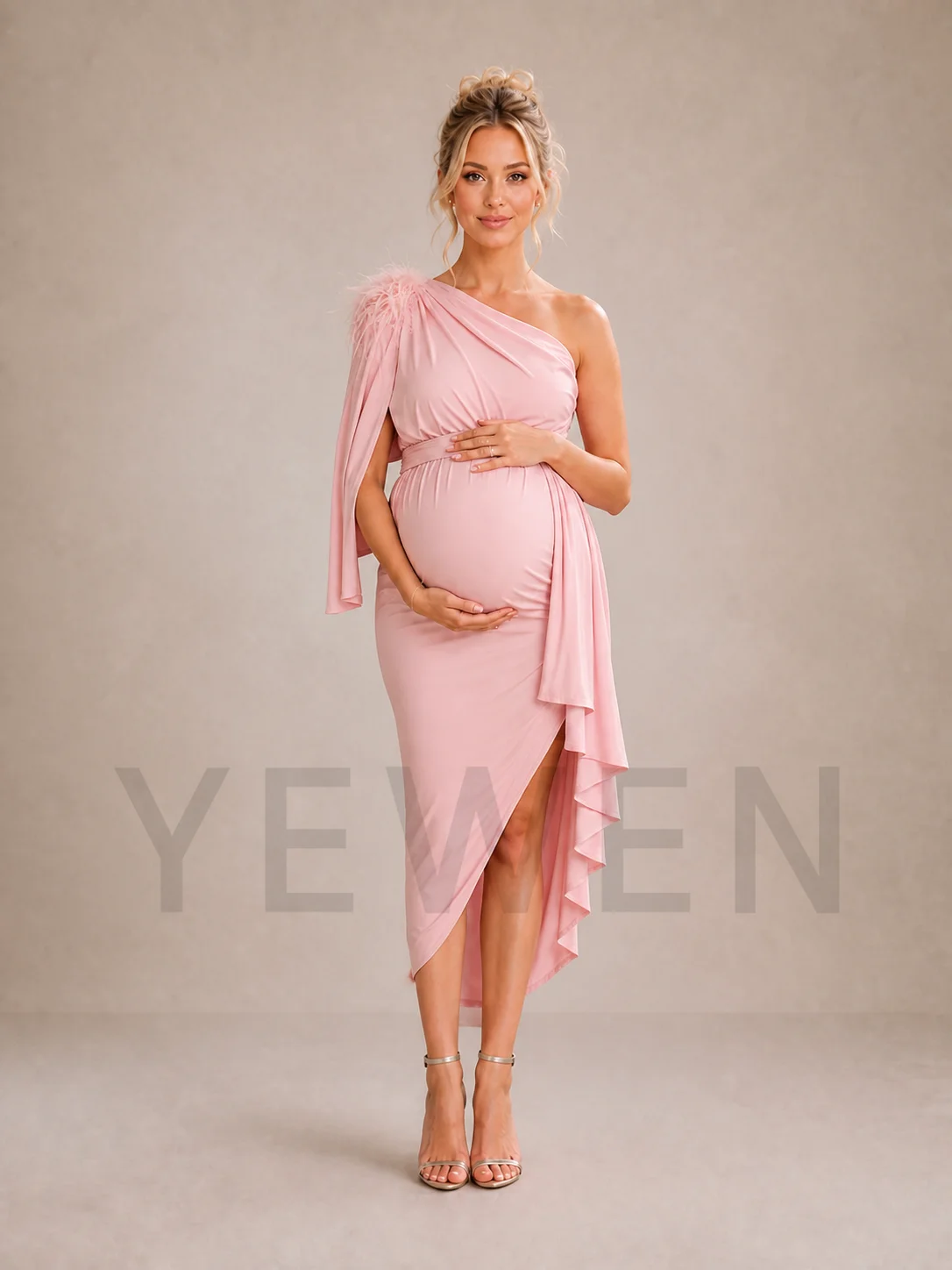 Pink One Shoulder Maternity Baby Shower Dress with Feather Cape Sleeve ZX004