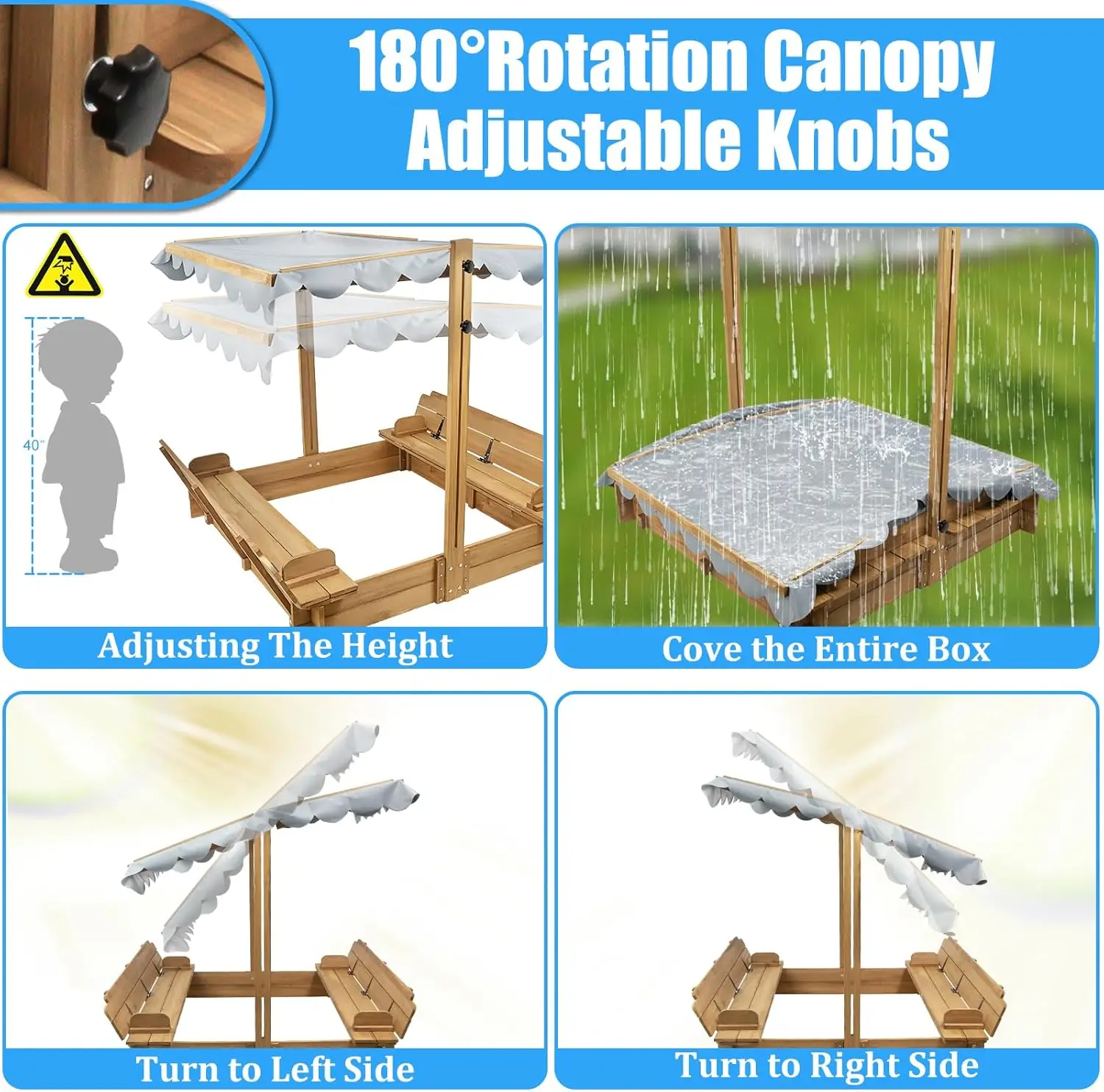 Cajas de arena con tapa para niños, caja de arena con cubierta, cajas de arena de madera para niños con dosel para exteriores para 3-8 años, con Cano de altura ajustable