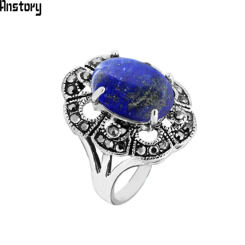 Oval Natural Lapis Lazuli Rings For Women Plum Flower Rhinestone Vintage Look Antique Silver Plated Fashion Jewelry TR687