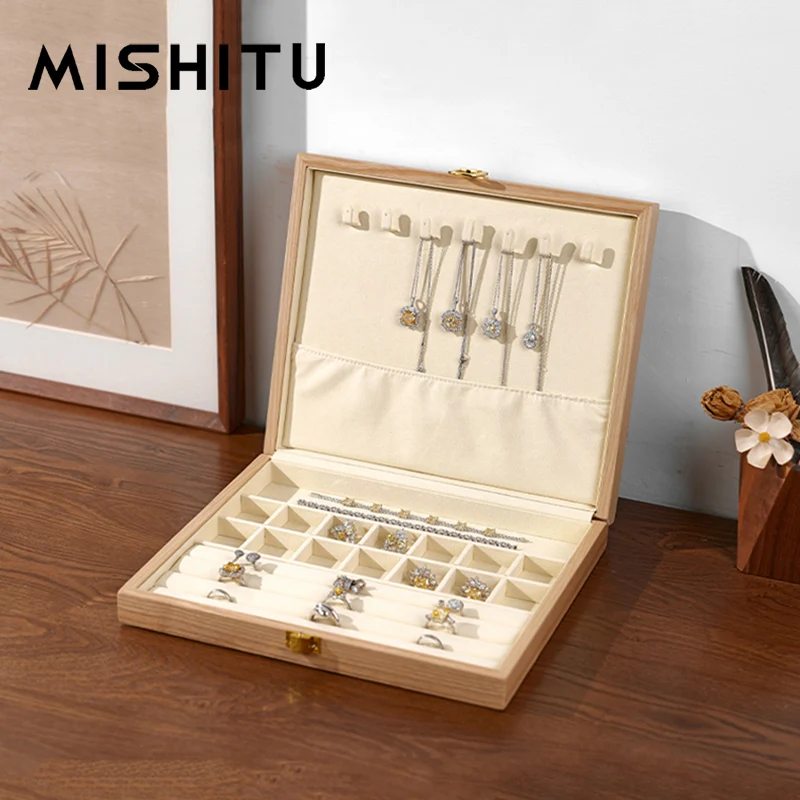 MISHITU Solid Wood Jewelry Storage Box High-end Jewelry Storage Box Necklace Ring Earring Multifunctional Jewelry Box with Lock