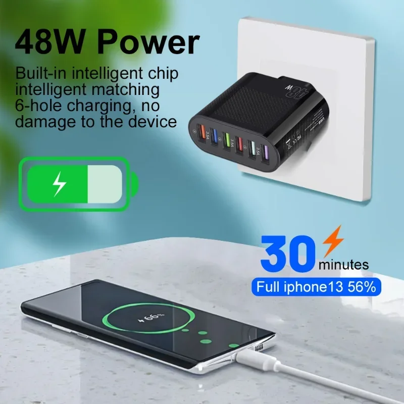 48W USB A Charger Multiple 6 Ports Quick Charger Mobile Cell Phone USB Fast Charging for iPhone 11 Xiaomi Huawei Wall Charger