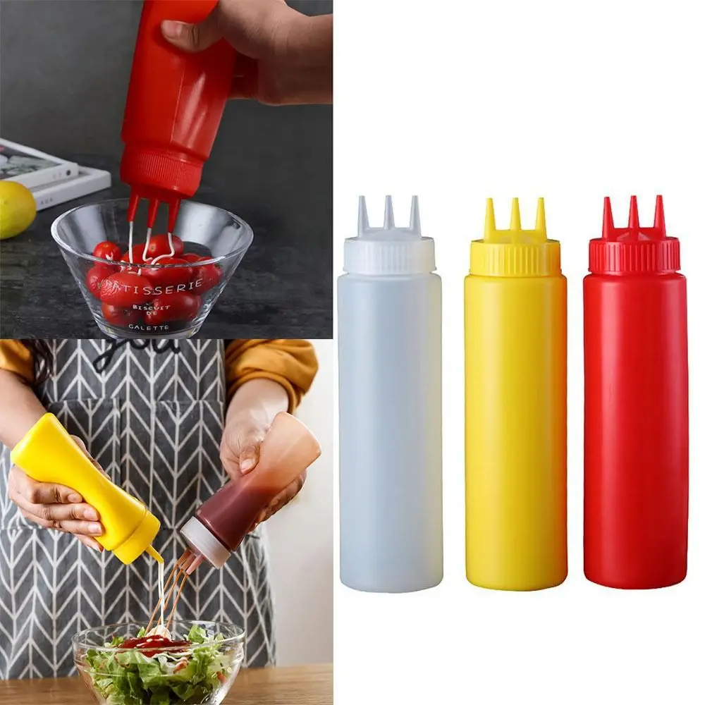 Plastic Squeezing Sauce bottle New Squeezable Graduated Jam Container Salad 3 Nozzles Gravy Boats