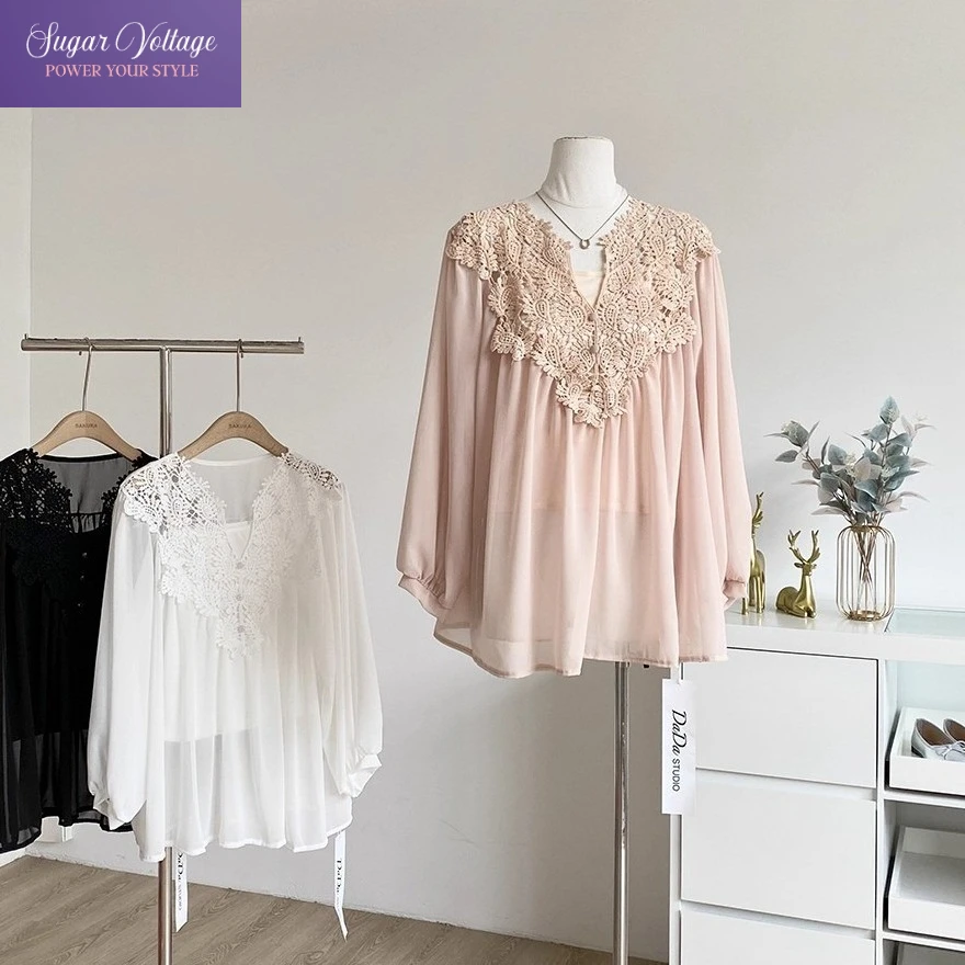 

French Elegant Embroidered Lace Blouse Women Autumn New Chiffon Long Sleeve Slim Fit Shirt Sweet Cute Stylish Korean Casual Top