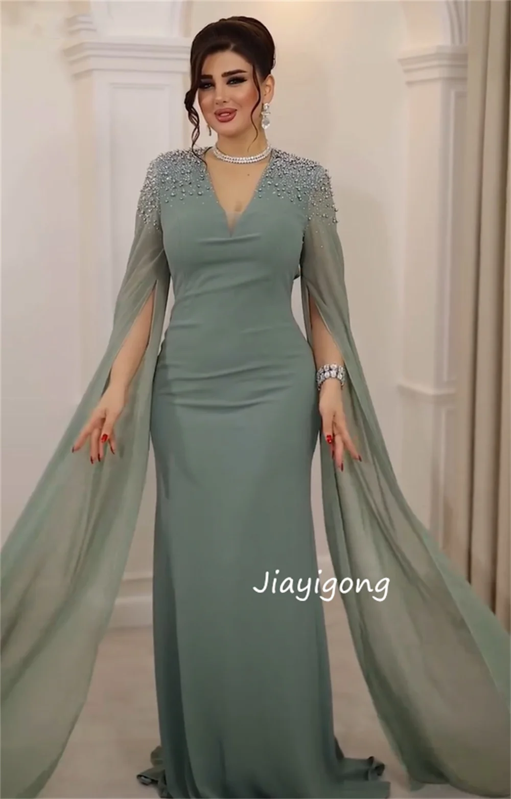 Customized Formal Jersey Sequined Pleat Straight V-neck Long Luxury Party Dresses Chinese Style High Quality