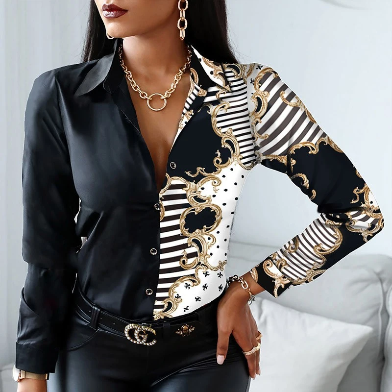 Office Lady Turn Down Collar Leopard Print Shirt Striped Lapel Tops Fashion Long Sleeve Blouse Casual Tops Vintage Clothes 18972