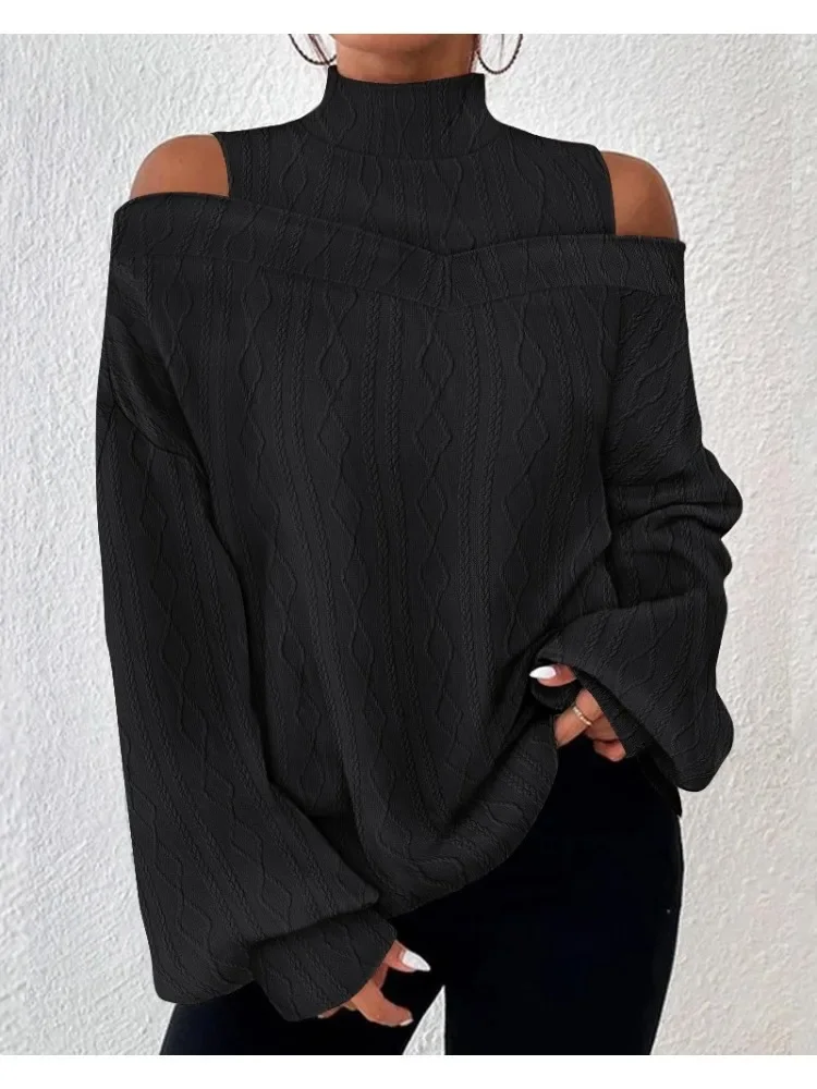 Fall 2023 Women Turtleneck Shirts and Blouses Elegant Cold Shoulder Patchwork Cable Cable Textured Top Fashion Woman Clothing