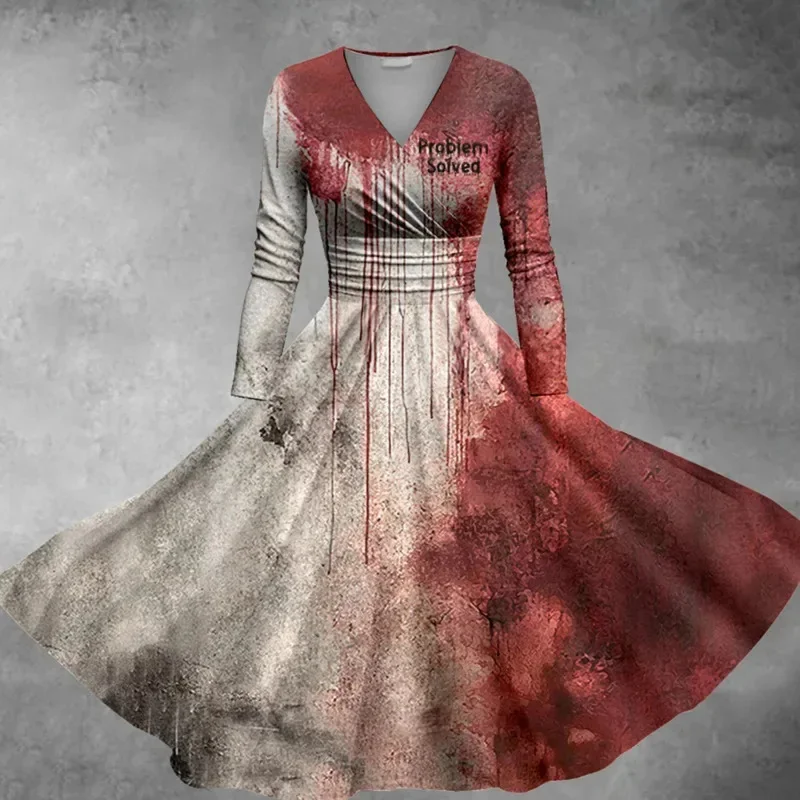 2024 Halloween V Collar Long Sleeved Dress Terror Blood Handprints And Bloodstains Leisure Slimming Outdoor Cosplay Clothing