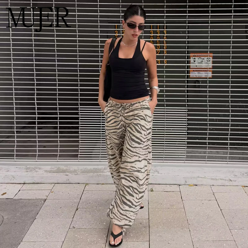 MUJER Animal Print Wide Pants Woman Summer Mid Waist Trousers Womens Holiday Baggy Pants Woman Casual Sports Pants for Women