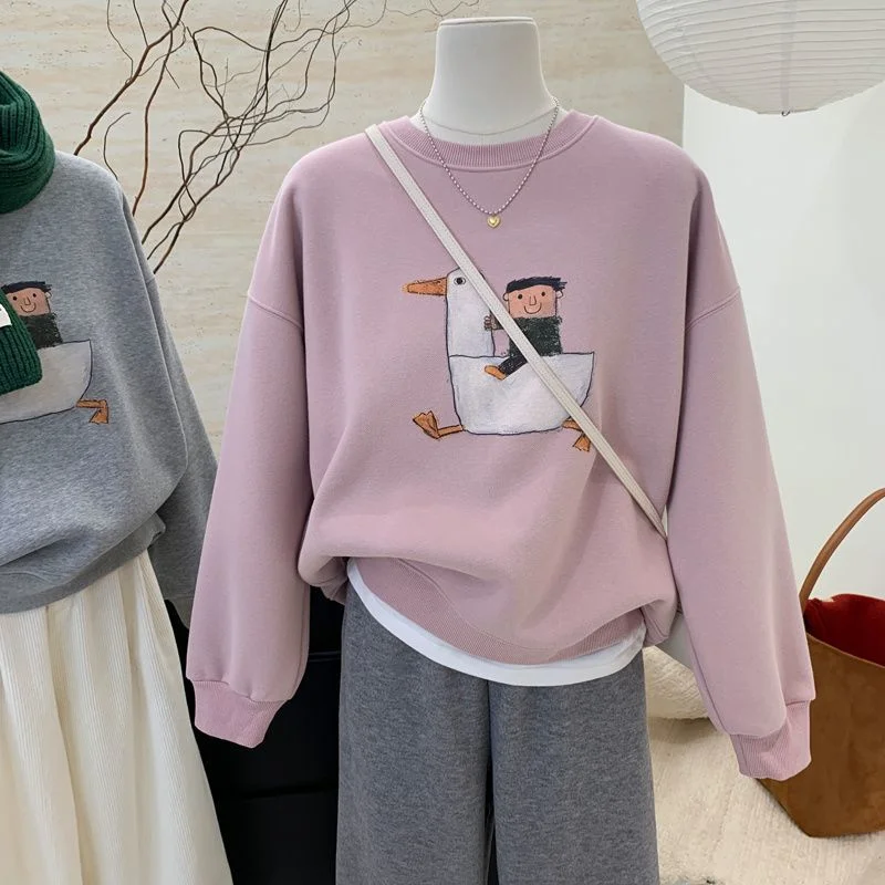 New autumn and winter cartoon pattern plus velvet thick loose warm thick casual short sweatshirt women's top