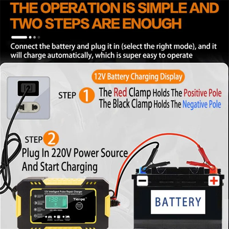 Car Battery Charger 12V Intelligent Pulse Repair LCD Smart Fast Charge AGM Deep Cycle GEL Lead-Acid Charger For Auto Motorcycle