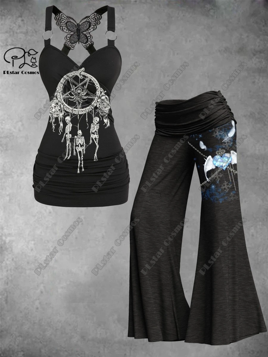 PLstar Cosmos new 3D printed female skull dream catcher color-changing vest + wide-leg pants two-piece set