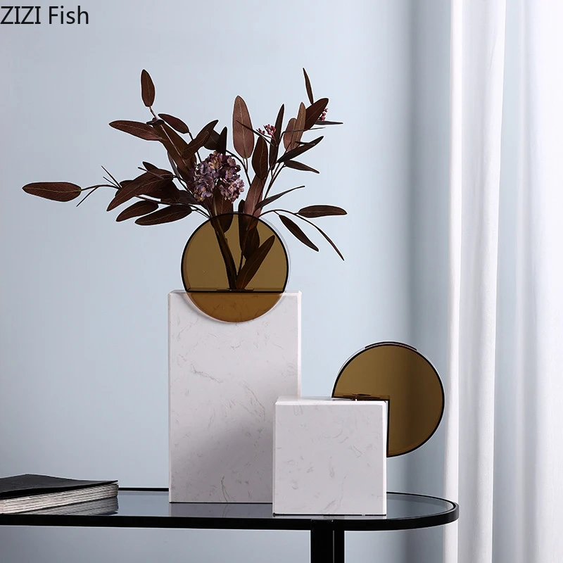 Acrylic Marble Vase Flower Vessels Ornament Desktop Decorative Vases Flower Arrangement Dried Flower Vase Hydroponic Vases