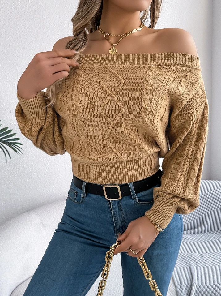 Casual solid color one neck off shoulder long sleeved pullover sweater