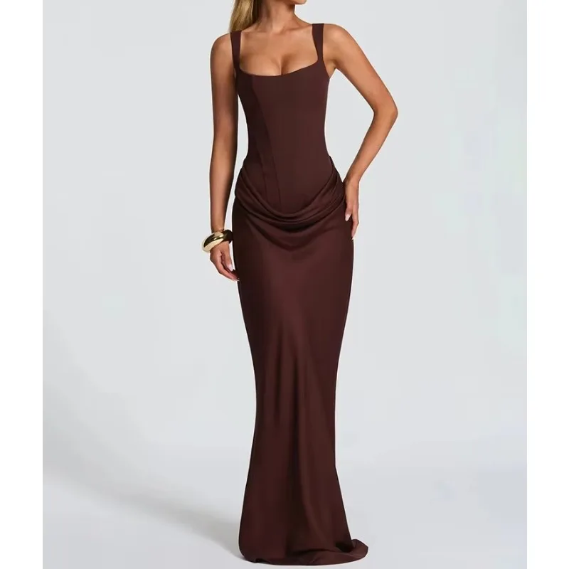 Backless Ruched Sexy Maxi Dress Women Elegant Square Collar Tapered Straps Sleeveless Bodycon Club Party Long Dress