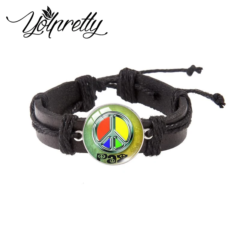 2023 New Fashion Peace Love Symbolism Glass Dome Black Leather Bracelets Handcraft Jewelry for Men