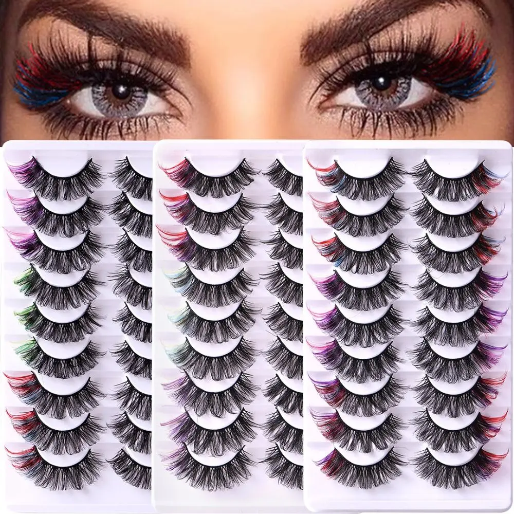 9 Pairs Natural D Curl Colored Eyelashes Russian Fluffy Faux Mink Lashes Dramatic Colorful Long Thick Volume Fake Eye Lash Party