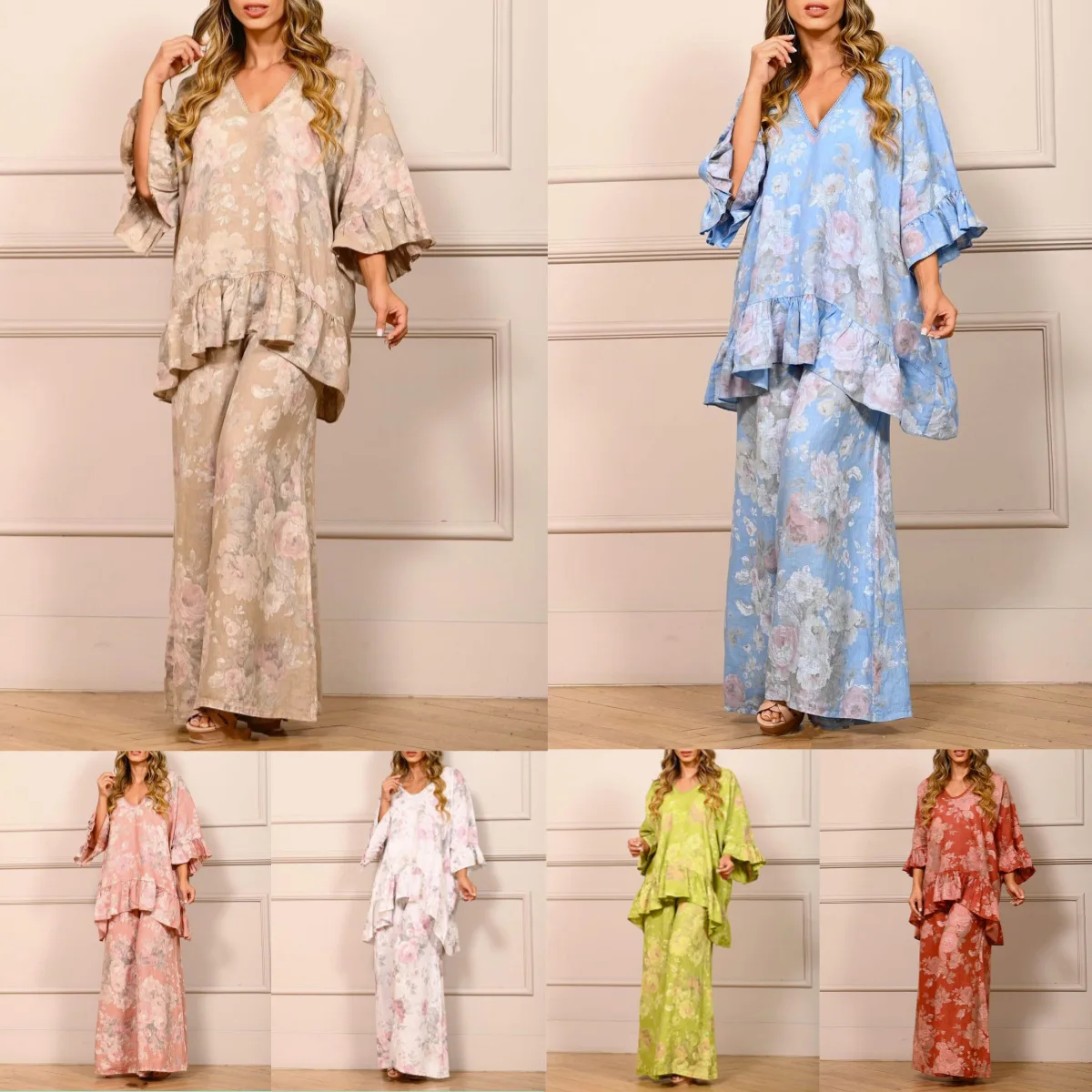 Vintage Flower Print Pant Sets Women Fashion Loose Ruffles T Shirt Wide Leg Trousers Two Piece Set Casual Female 2 Piece Sets