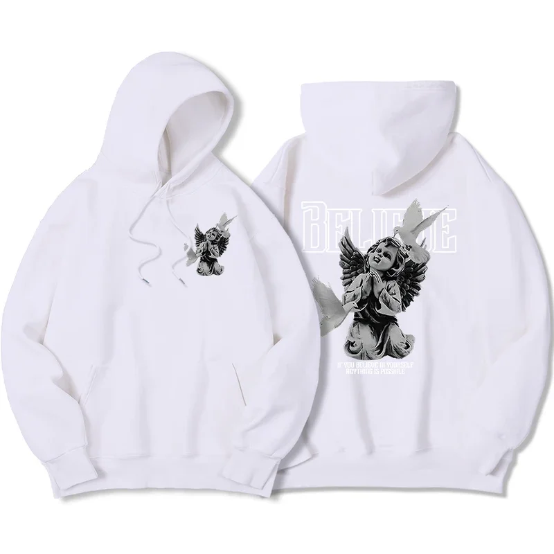 Believe Hollow Word Praying Angel Sculpture Pattern Man Hoodie Vintage Hoodie Casual Fit Softhoody Simple Sportswear Female